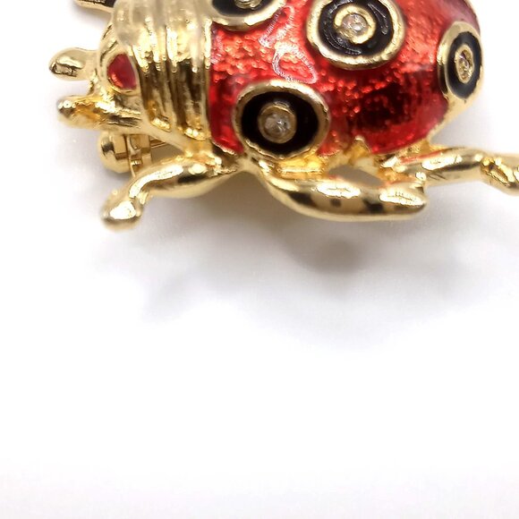 Vintage Ladybug Brooch Red Enamel Gold-Tone Metal Rhinestone Accents Lapel Pin - Picture 4 of 8